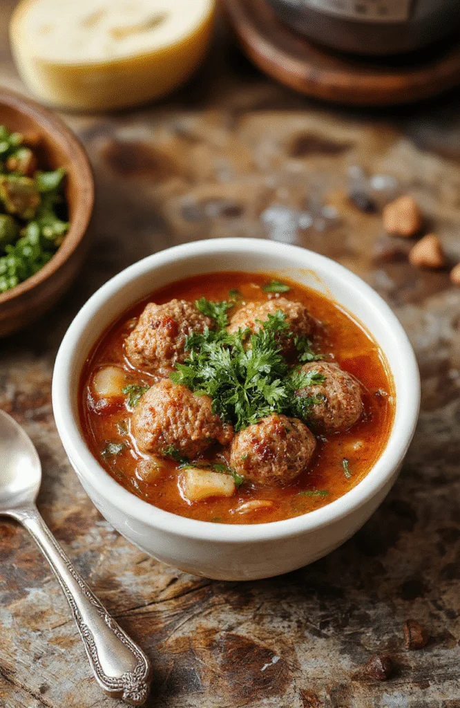A vibrant bowl of Italian meatball soup featuring plump meatballs nestled in a rich tomato broth, garnished with fresh basil and grated Parmesan, with slices of crusty bread nearby, vibrant red and green colors, textured soup surface, styled for an inviting presentation.
