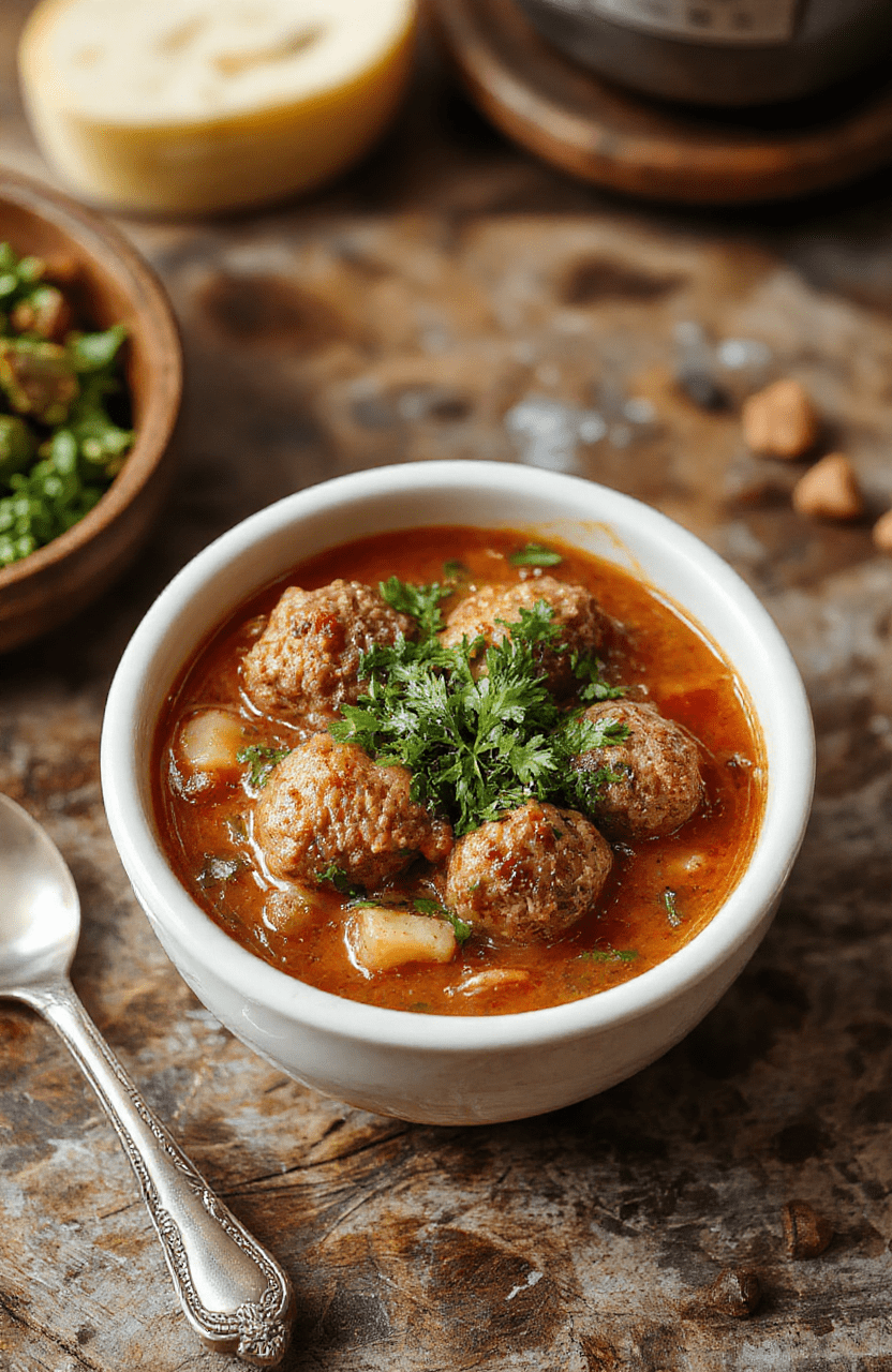 A vibrant bowl of Italian meatball soup featuring plump meatballs nestled in a rich tomato broth, garnished with fresh basil and grated Parmesan, with slices of crusty bread nearby, vibrant red and green colors, textured soup surface, styled for an inviting presentation.
