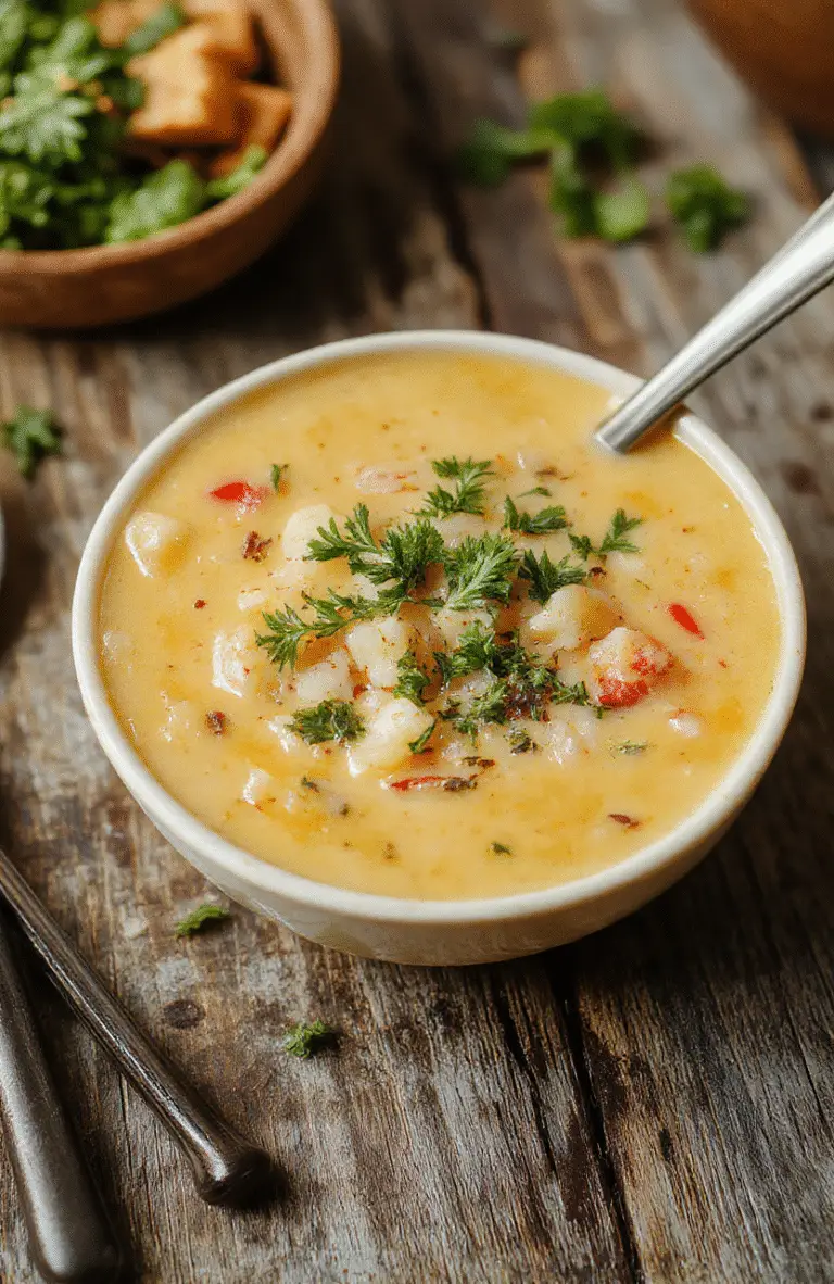 A warm bowl of wild rice soup with chunks of vegetables and herbs on a rustic wooden table, garnished with fresh herbs and a slice of bread, vibrant orange and green hues, inviting cozy atmosphere, styled simply for autumn