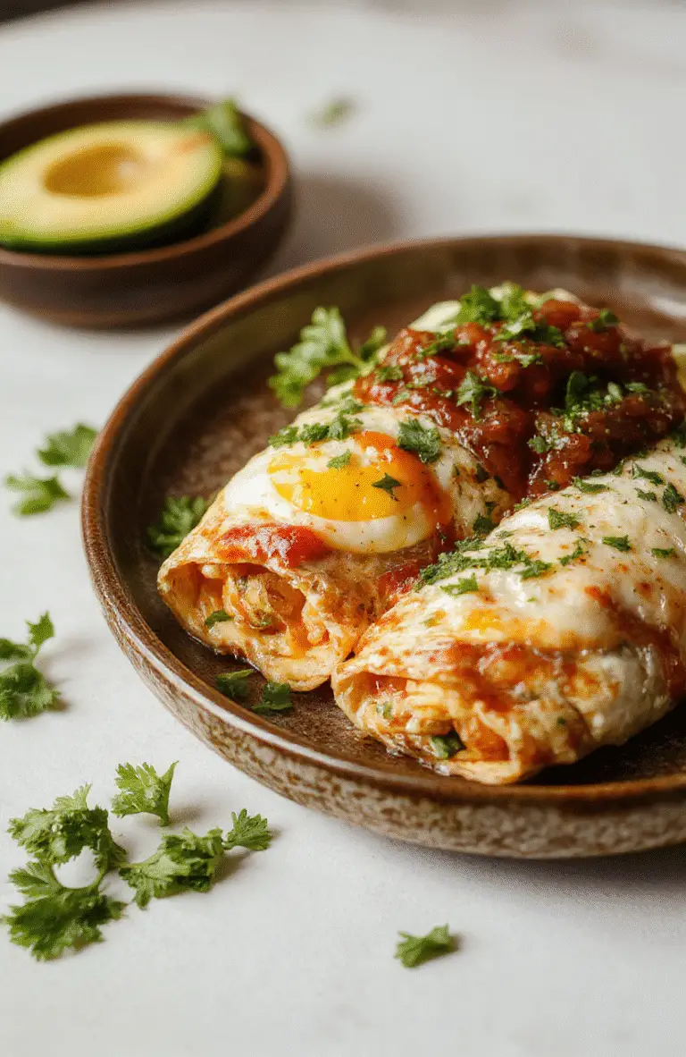 Colorful breakfast enchiladas arranged on a rustic plate, filled with eggs, cheese, and salsa, garnished with fresh herbs, styled with a soft napkin, pastel background, highlighting textures and vibrant ingredients.
