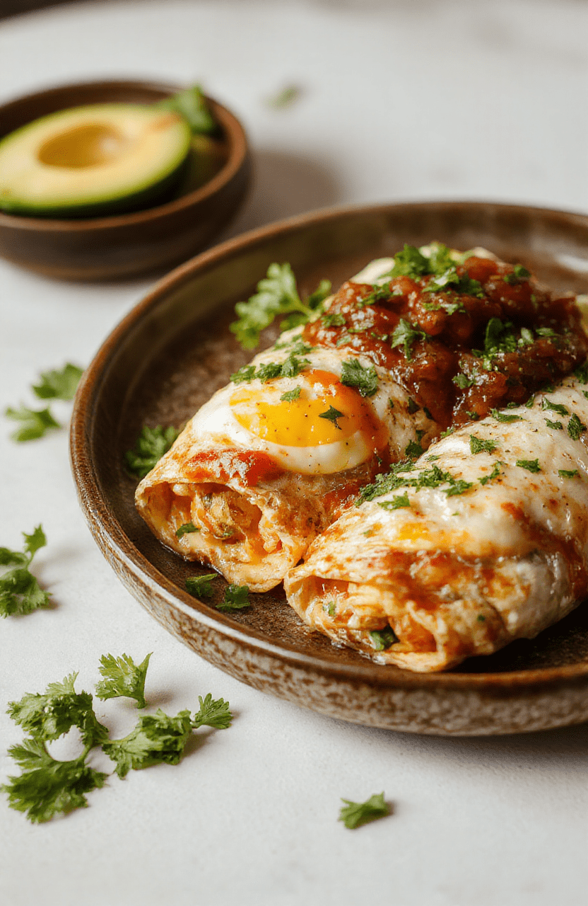 Colorful breakfast enchiladas arranged on a rustic plate, filled with eggs, cheese, and salsa, garnished with fresh herbs, styled with a soft napkin, pastel background, highlighting textures and vibrant ingredients.