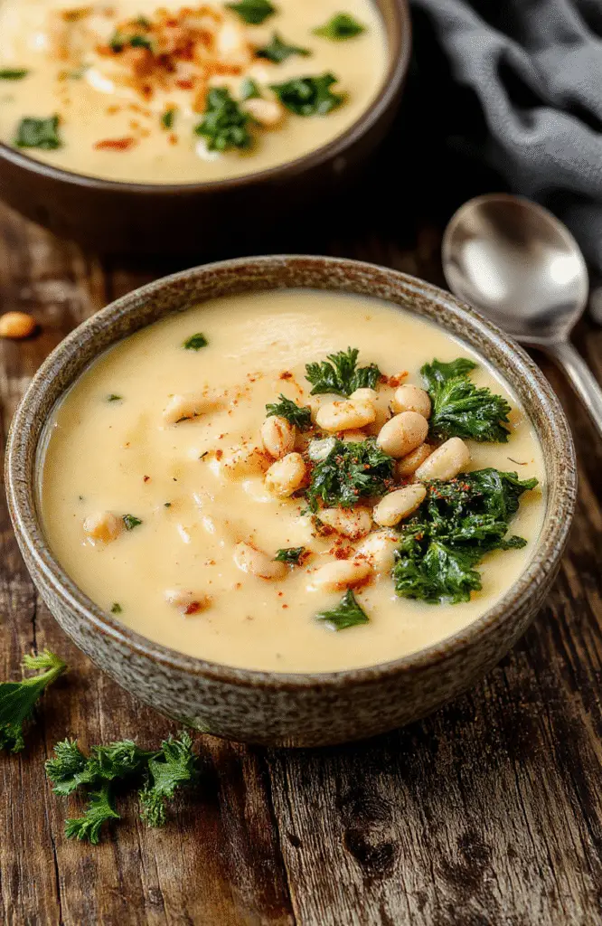 A vibrant bowl of creamy butternut squash and kale soup topped with a drizzle of cream and fresh herbs, served on a rustic wooden table with a ladle and bread in the background, showcasing the rich orange and green colors, with a textured surface and inviting presentation.