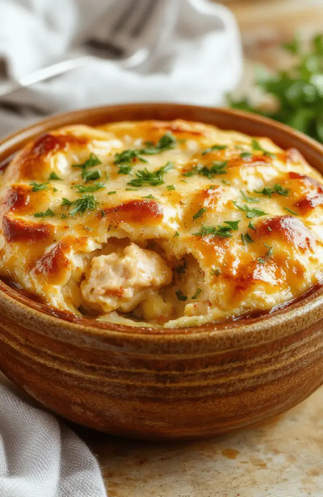 A warm, golden-brown chicken pot pie served in a rustic ceramic dish, topped with flaky crust, surrounded by fresh herbs, creamy filling visible through a cut slice, rustic wooden background.