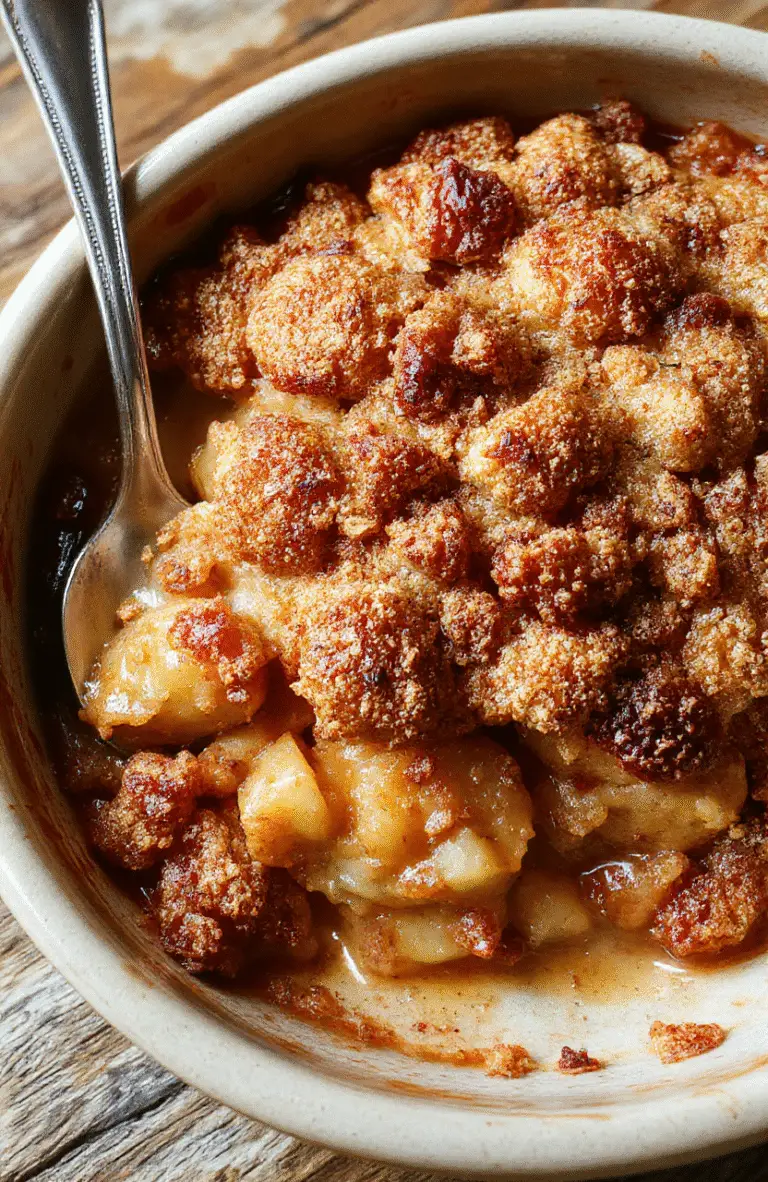 A comforting apple crisp in a rustic ceramic dish, topped with golden-brown crumbly streusel, surrounded by fresh sliced apples and cinnamon sticks, styled on a warm wooden table with soft natural light highlighting the textures and warm colors.
