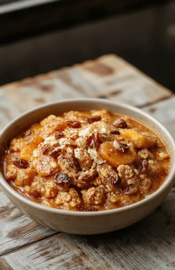 A warm, inviting bowl of pumpkin baked oatmeal topped with a sprinkle of cinnamon and fresh pecans, served on a rustic wooden table with autumn leaves in the background. The oatmeal appears creamy and moist, garnished with a swirl of yogurt and a drizzle of honey, styled for a cozy fall morning.