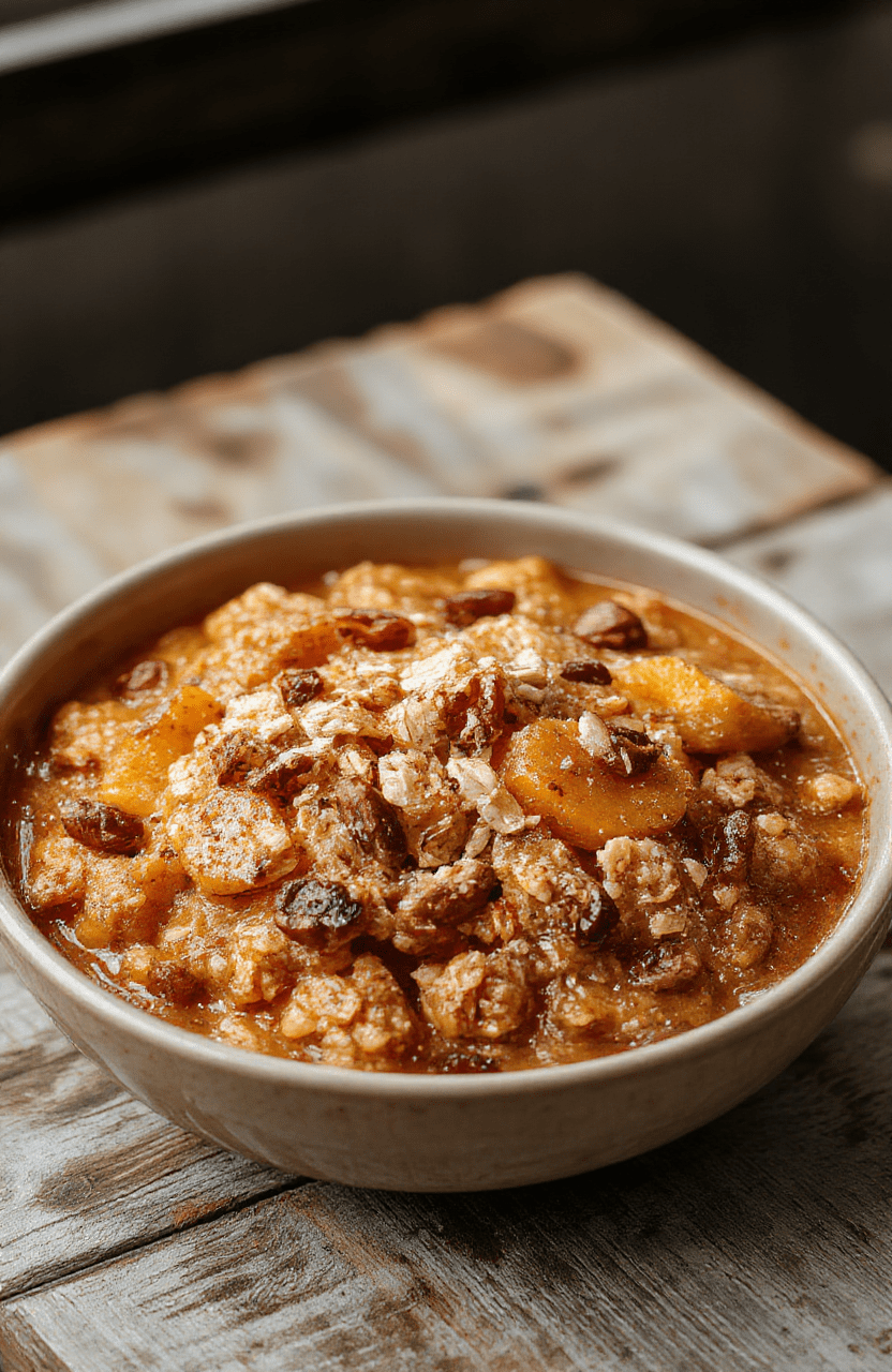 A warm, inviting bowl of pumpkin baked oatmeal topped with a sprinkle of cinnamon and fresh pecans, served on a rustic wooden table with autumn leaves in the background. The oatmeal appears creamy and moist, garnished with a swirl of yogurt and a drizzle of honey, styled for a cozy fall morning.