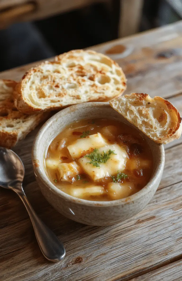 A vibrant bowl of French onion soup topped with golden melted cheese and crispy baguette slices, garnished with fresh thyme, set on a rustic wooden table with a warm, inviting atmosphere.