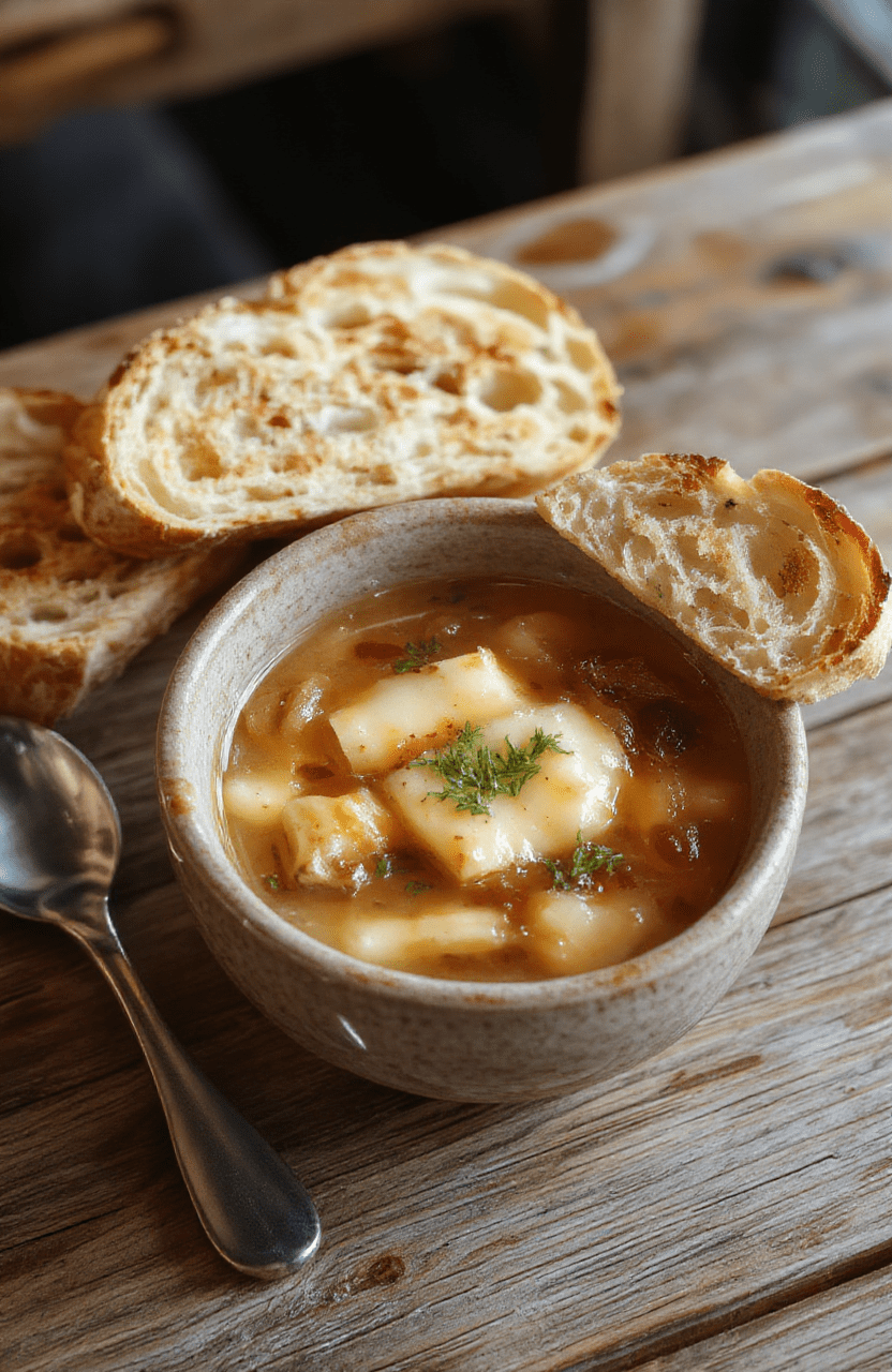 A vibrant bowl of French onion soup topped with golden melted cheese and crispy baguette slices, garnished with fresh thyme, set on a rustic wooden table with a warm, inviting atmosphere.
