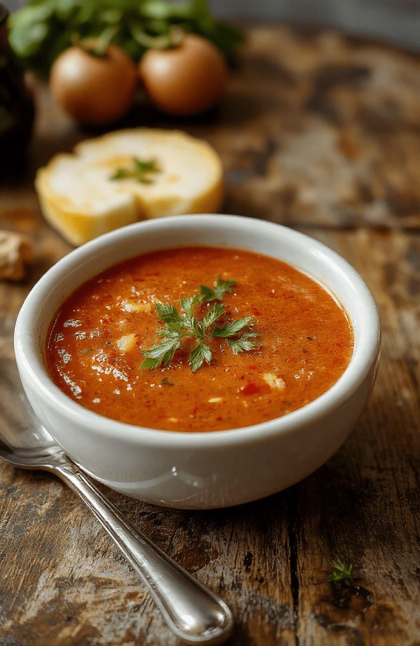 A vibrant bowl of homemade tomato soup with a swirl of cream, garnished with basil leaves, placed on a rustic wooden table with a soft-focus background showing fresh tomatoes and herbs, emphasizing the rich textures and inviting colors of the soup.