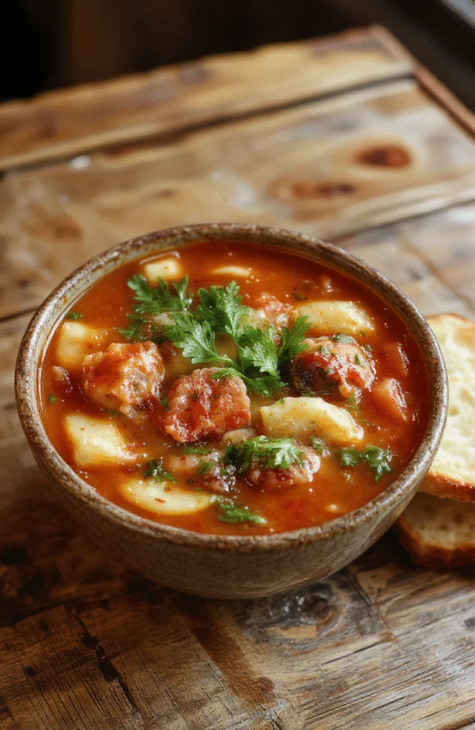 A steaming bowl of vibrant minestrone soup filled with colorful vegetables, herbs, and beans, topped with a sprinkle of parmesan cheese, served on a rustic wooden table with fresh bread on the side. The rich broth looks comforting and inviting, with steam rising gently.