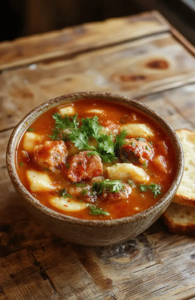 A steaming bowl of vibrant minestrone soup filled with colorful vegetables, herbs, and beans, topped with a sprinkle of parmesan cheese, served on a rustic wooden table with fresh bread on the side. The rich broth looks comforting and inviting, with steam rising gently.