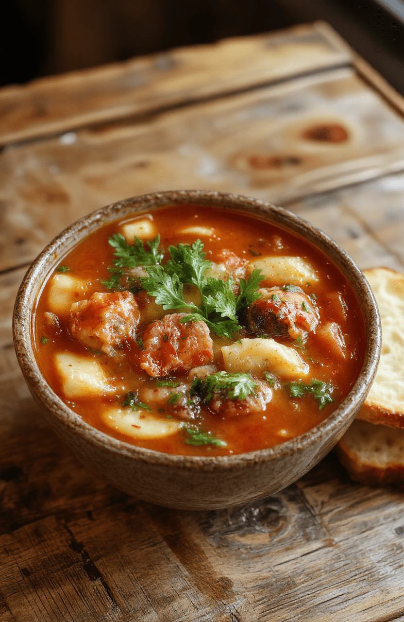 A steaming bowl of vibrant minestrone soup filled with colorful vegetables, herbs, and beans, topped with a sprinkle of parmesan cheese, served on a rustic wooden table with fresh bread on the side. The rich broth looks comforting and inviting, with steam rising gently.
