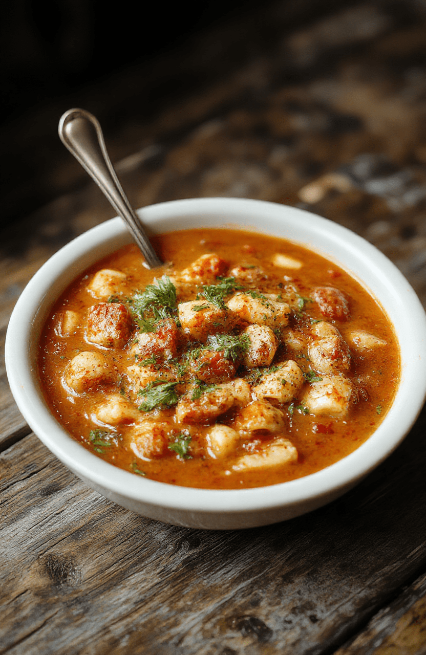 A bowl of vibrant pasta fagioli soup featuring colorful beans, small pasta, and fresh herbs, served in a rustic white bowl with a spoon, surrounded by crusty bread and a sprig of basil on a wooden table, highlighting the hearty and inviting textures.