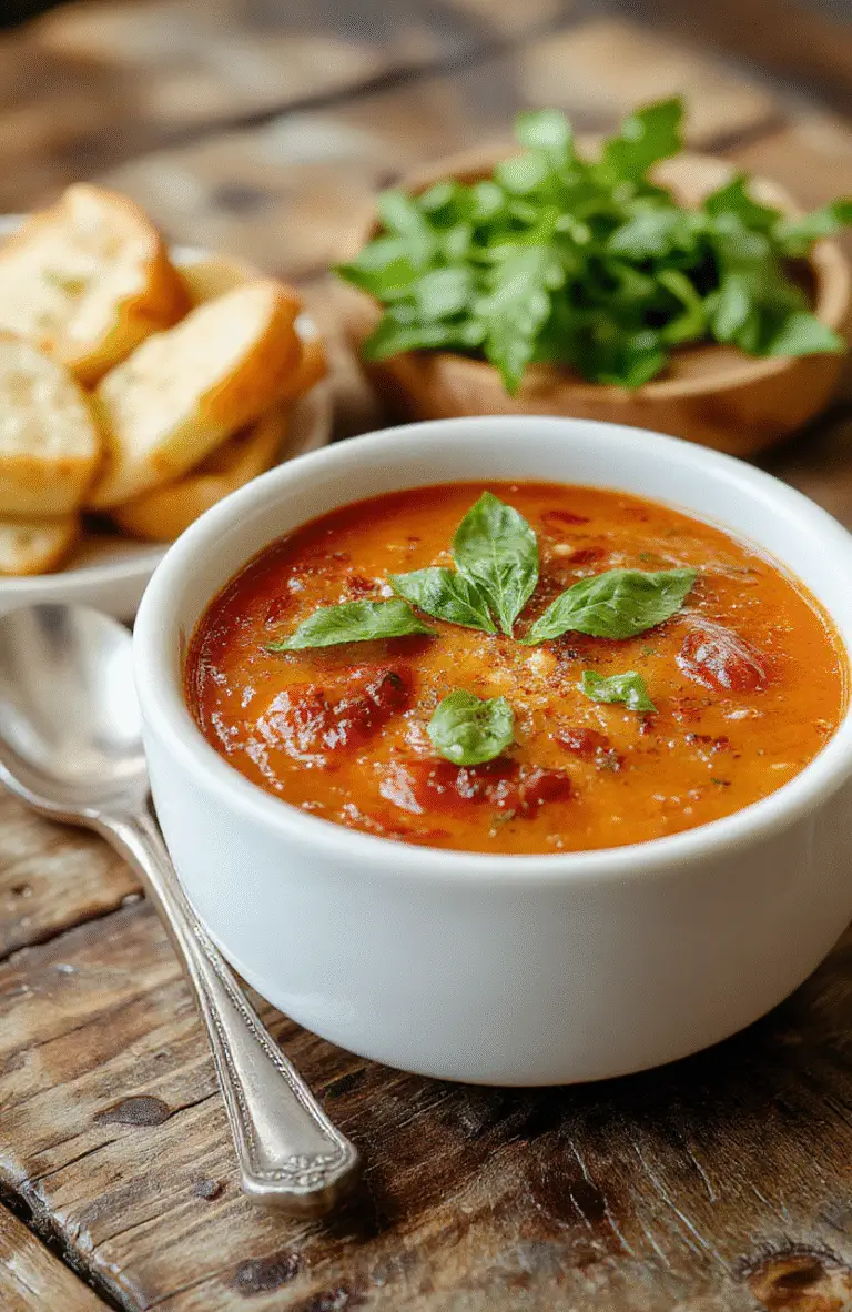 A vibrant bowl of roasted tomato basil soup topped with fresh basil leaves, served in a rustic white bowl on a wooden table, with a spoon resting beside it, steam rising gently, colorful roasted tomatoes and herbs visible, styled for a warm, inviting look.