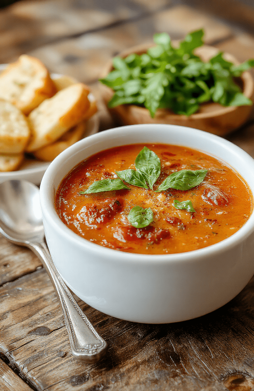 A vibrant bowl of roasted tomato basil soup topped with fresh basil leaves, served in a rustic white bowl on a wooden table, with a spoon resting beside it, steam rising gently, colorful roasted tomatoes and herbs visible, styled for a warm, inviting look.