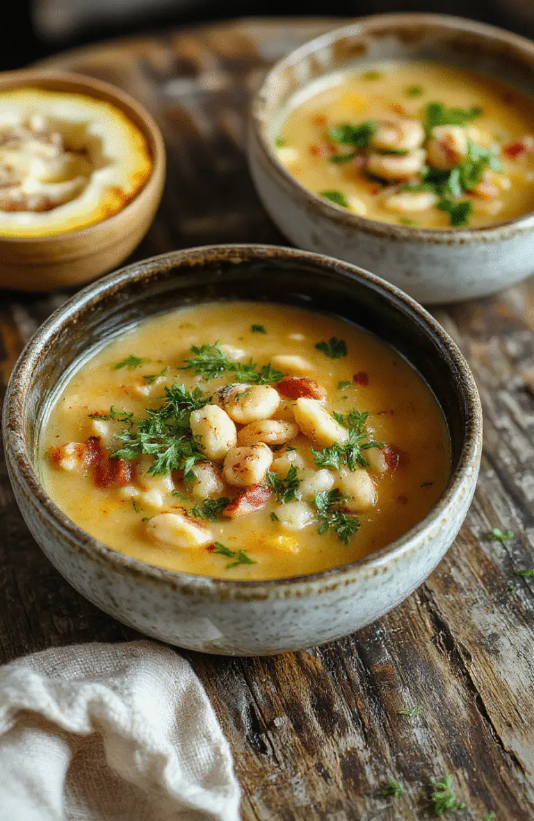 A rustic bowl of Tuscan white bean soup garnished with fresh herbs, drizzled with olive oil, served on a wooden table with crusty bread slices, vibrant green herbs contrast beautifully with the creamy white beans and rich broth, styled casually with natural lighting.