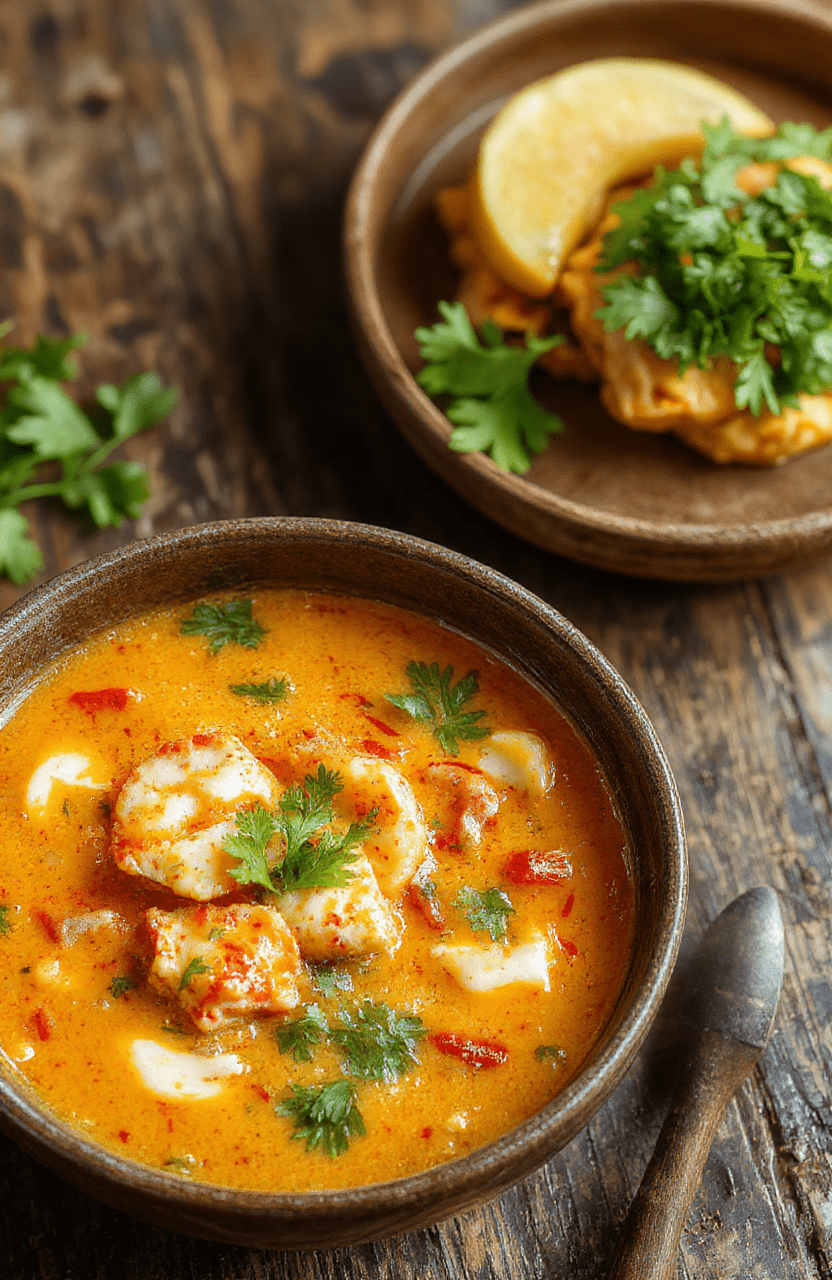 A vibrant bowl of Thai red curry noodle soup featuring pinkish-red broth, topped with fresh cilantro, sliced red chili, and tender rice noodles, surrounded by a rustic wooden table and natural daylight highlighting the creamy texture and colorful ingredients.