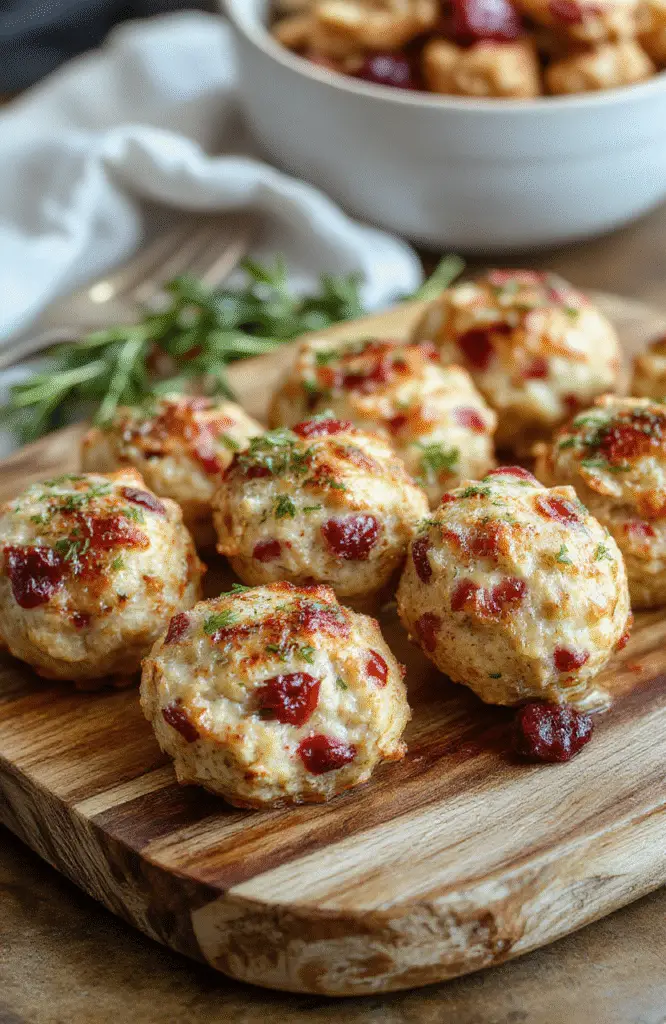 A bowl of crispy golden cranberry turkey stuffing balls garnished with fresh herbs on a rustic wooden platter, surrounded by cranberries and herbs, styled with natural lighting highlighting the textures and colors.