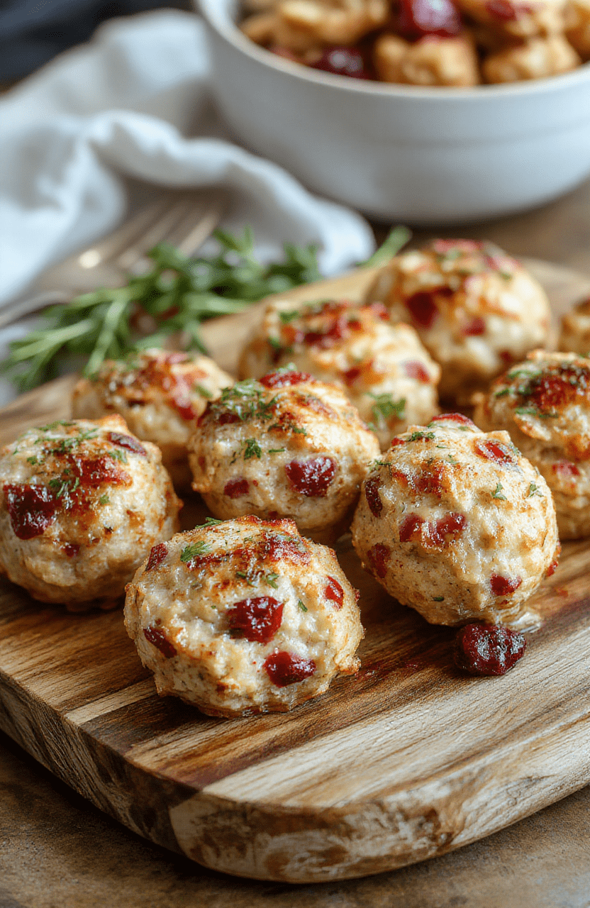 A bowl of crispy golden cranberry turkey stuffing balls garnished with fresh herbs on a rustic wooden platter, surrounded by cranberries and herbs, styled with natural lighting highlighting the textures and colors.