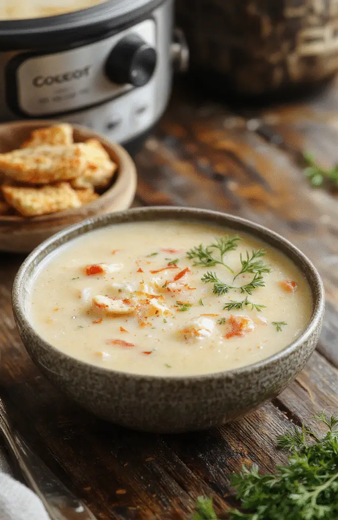 A vibrant bowl of creamy cheesy crack chicken soup resting on a rustic wooden table, garnished with shredded cheese, chopped green onions, and crispy bacon bits, with a golden-brown bread slice on the side. The soup is thick, bubbly, and inviting, showcasing chunks of tender chicken and melted cheese with a rich, colorful broth.