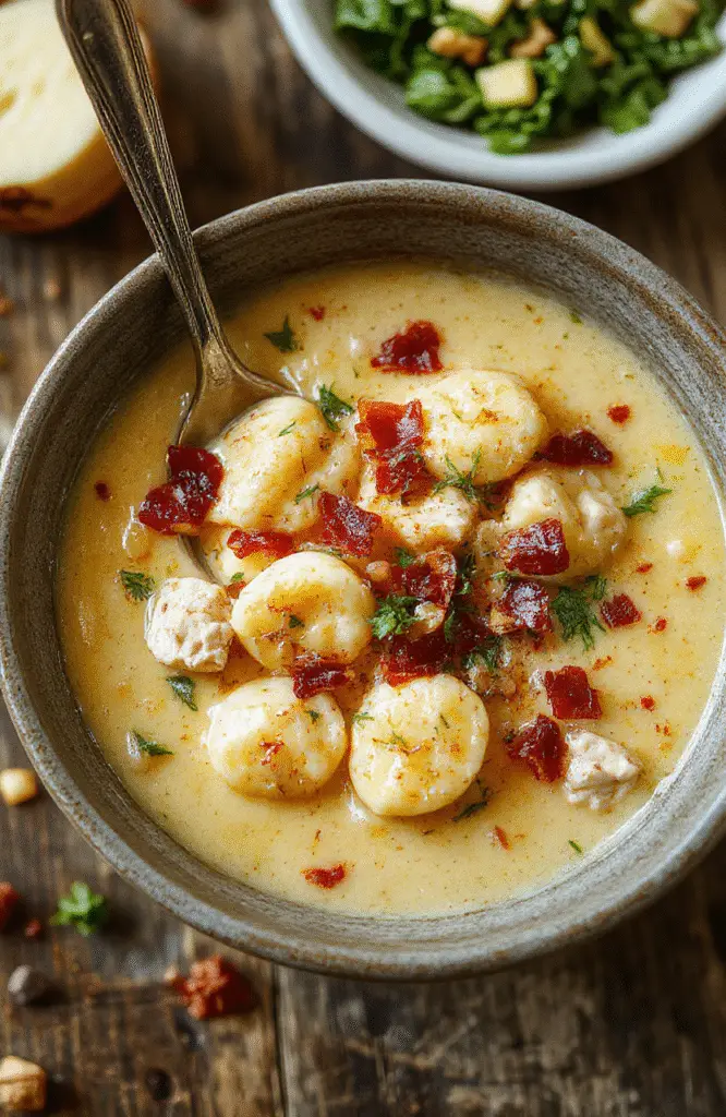 A warm bowl of creamy chicken bacon gnocchi soup garnished with fresh herbs, with crispy bacon pieces and soft gnocchi floating in a rich, velvety broth, styled on a rustic wooden table with a spoon and a napkin nearby.