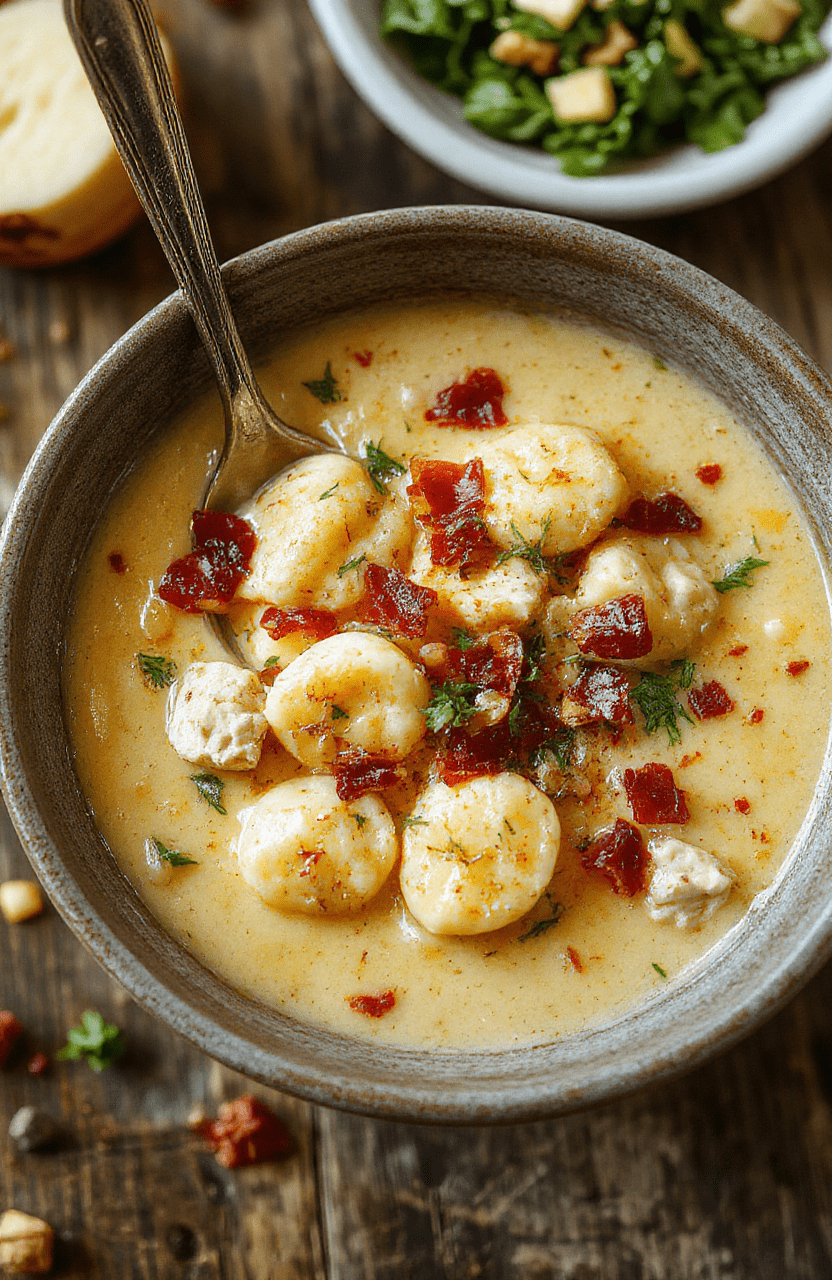 A warm bowl of creamy chicken bacon gnocchi soup garnished with fresh herbs, with crispy bacon pieces and soft gnocchi floating in a rich, velvety broth, styled on a rustic wooden table with a spoon and a napkin nearby.
