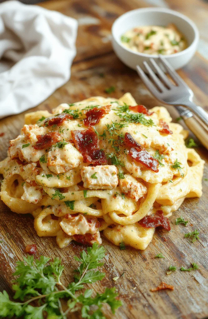 A creamy chicken bacon ranch pasta dish plated beautifully with crispy bacon, tender pasta, and fresh herbs, set on a rustic wooden table with a creamy sauce drizzled on top, styled for an inviting home-cooked look.