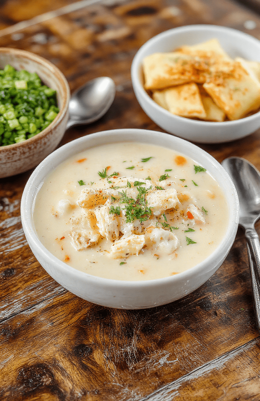A warm bowl of creamy chicken pasta soup with tender chicken pieces, al dente pasta, and rich, velvety broth, garnished with fresh herbs, served on a rustic wooden table with crispy bread on the side, showcasing a comforting and inviting presentation.