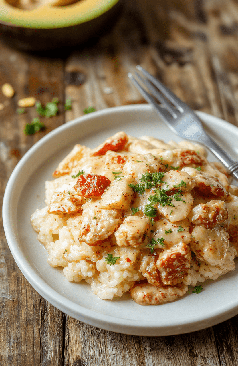 A vibrant plate of creamy chicken and rice garnished with fresh herbs, served on a rustic wooden table with a soft-focus background showcasing the dish's tender chicken, fluffy rice, and rich sauce, styled simply for a cozy, inviting look.