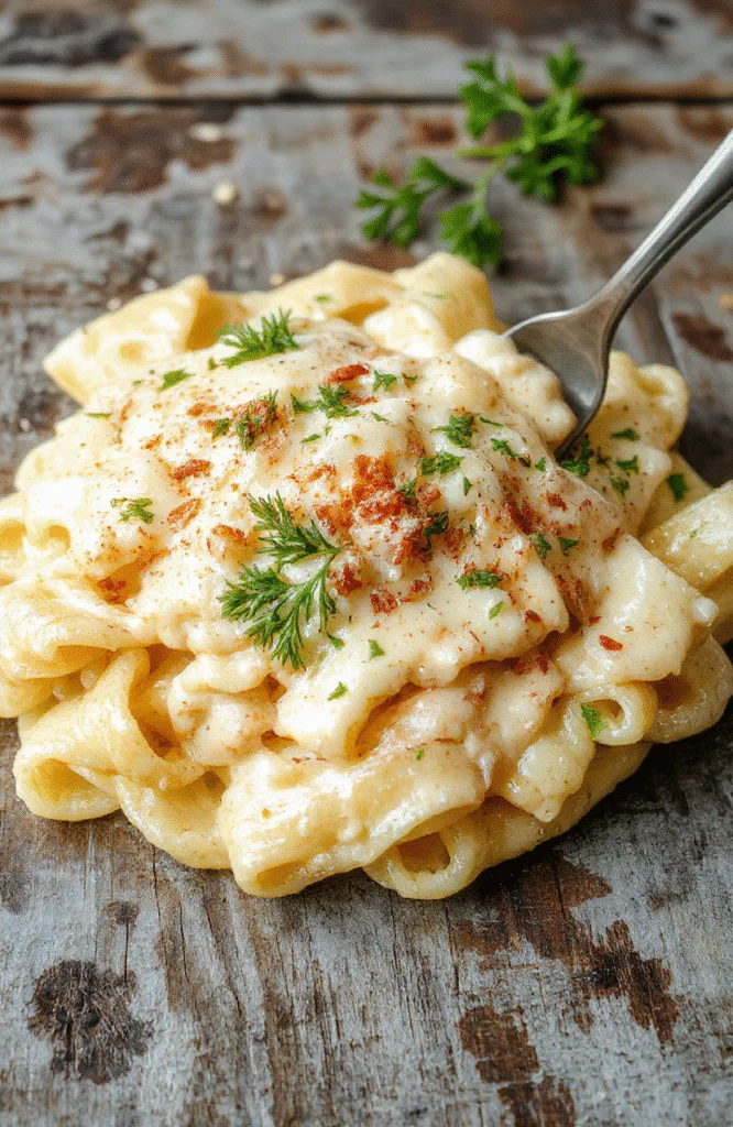 A close-up of a creamy fettuccine Alfredo dish beautifully plated in a white bowl, topped with grated Parmesan and chopped parsley, showcasing silky noodles coated in a rich, buttery sauce with a glossy texture, surrounded by a rustic wooden table setting.