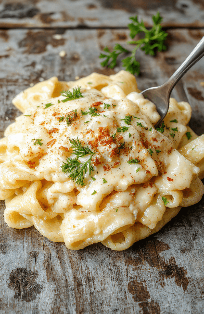 A close-up of a creamy fettuccine Alfredo dish beautifully plated in a white bowl, topped with grated Parmesan and chopped parsley, showcasing silky noodles coated in a rich, buttery sauce with a glossy texture, surrounded by a rustic wooden table setting.