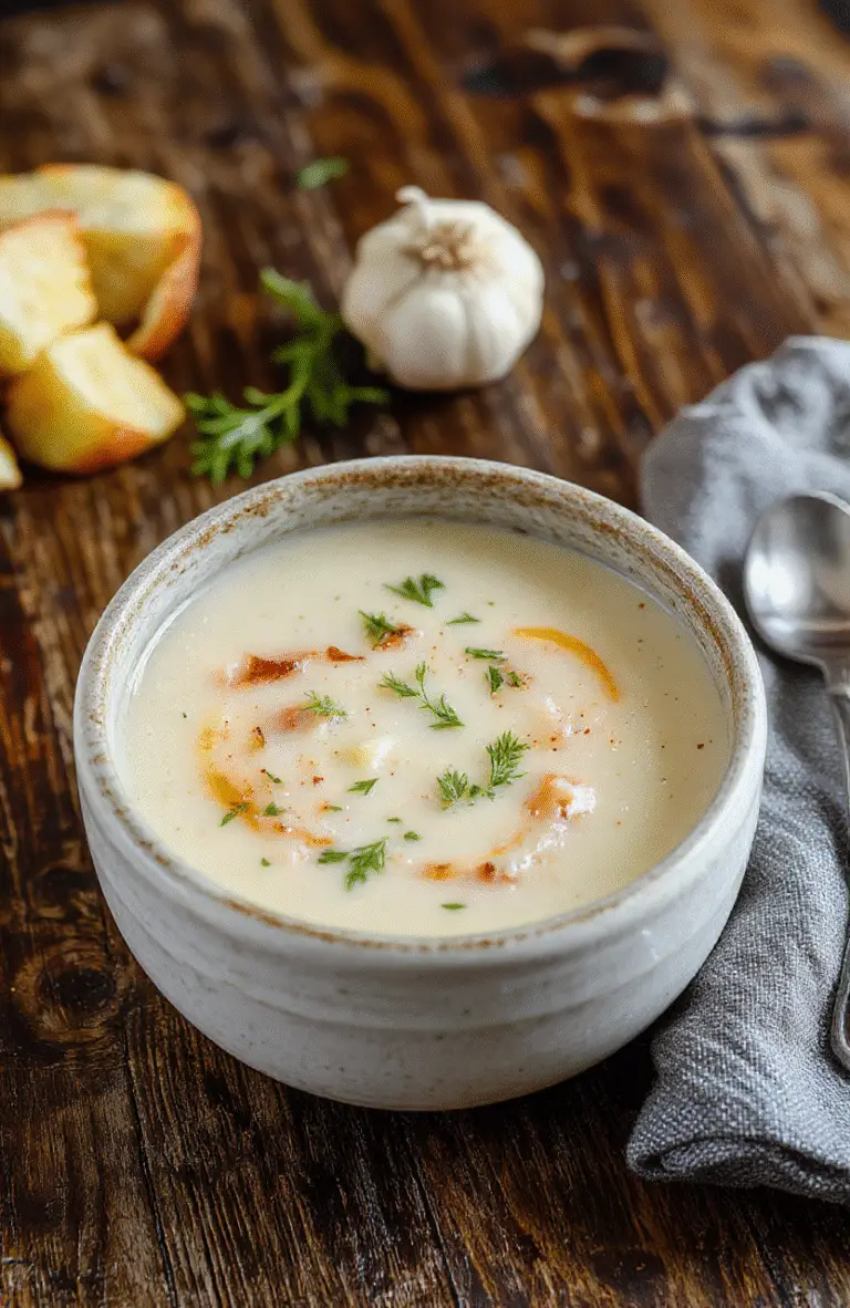 A vibrant bowl of creamy French garlic soup velouté garnished with freshly chopped parsley and a drizzle of olive oil, served on a rustic wooden table with slices of toasted baguette on the side. The smooth, velvety texture of the soup contrasts with the crunchy bread and the bright green herbs, creating a warm and inviting scene.