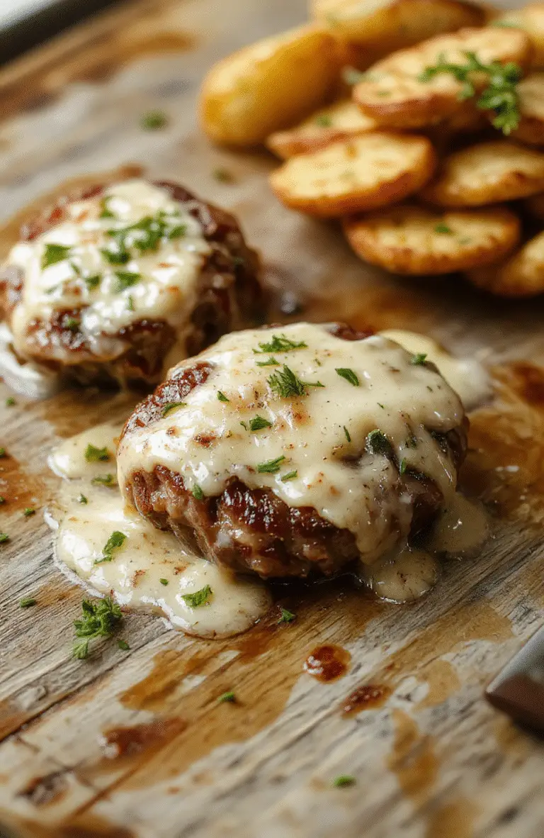 A close-up of golden-brown steak bites coated in rich garlic butter sauce, presented on a rustic wooden platter with fresh herbs and a side of vegetables, showcasing their juicy, tender texture and glossy finish.