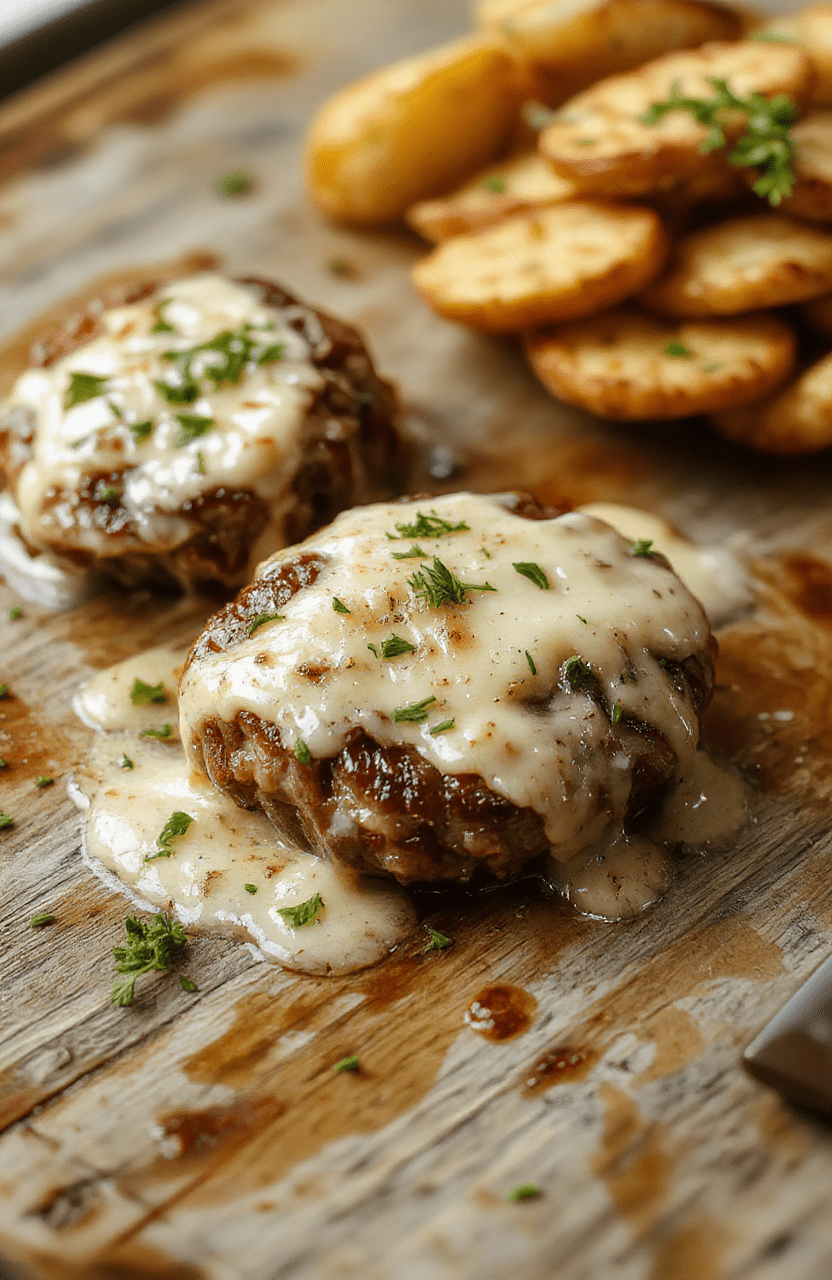 A close-up of golden-brown steak bites coated in rich garlic butter sauce, presented on a rustic wooden platter with fresh herbs and a side of vegetables, showcasing their juicy, tender texture and glossy finish.