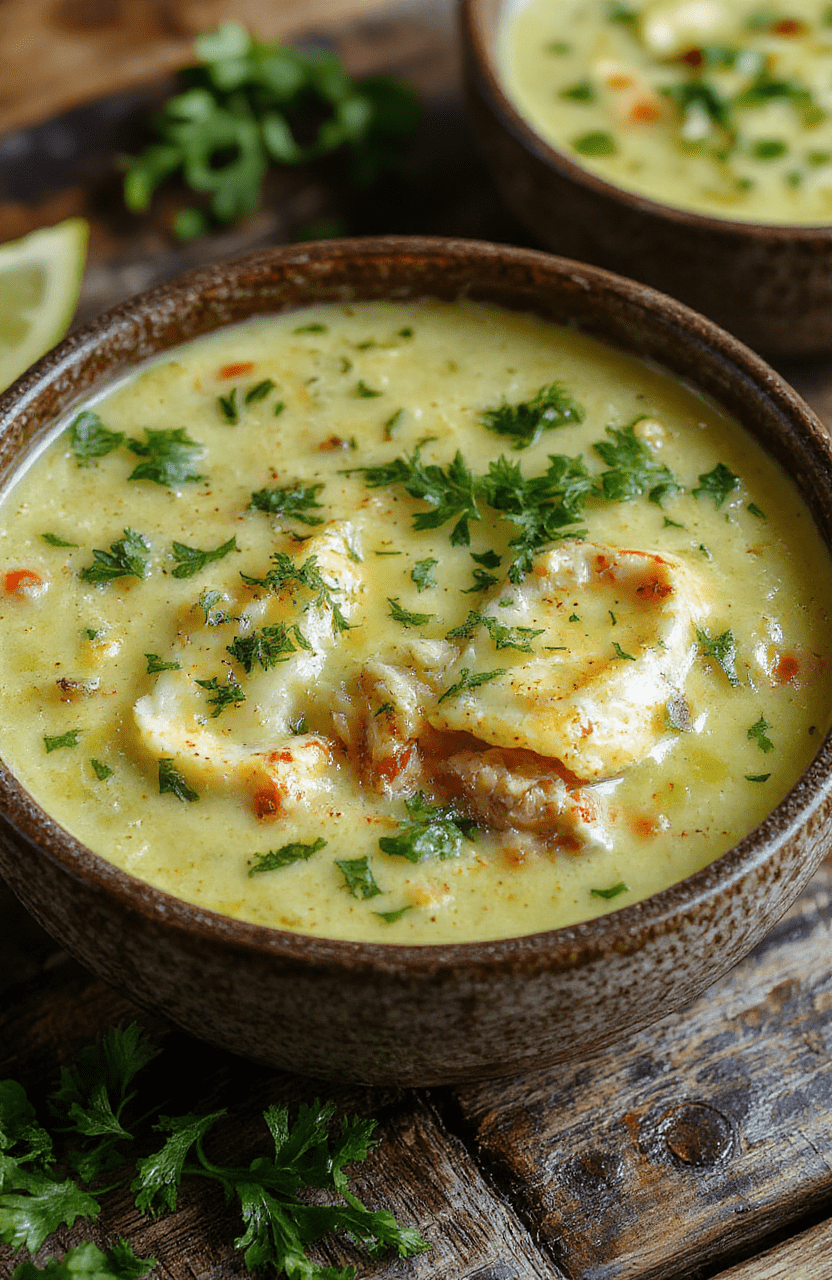 A vibrant bowl of creamy green enchiladas chicken soup garnished with fresh cilantro and shredded cheese, with a smooth broth and chunks of chicken and vegetables, beautifully plated on a rustic wooden surface.
