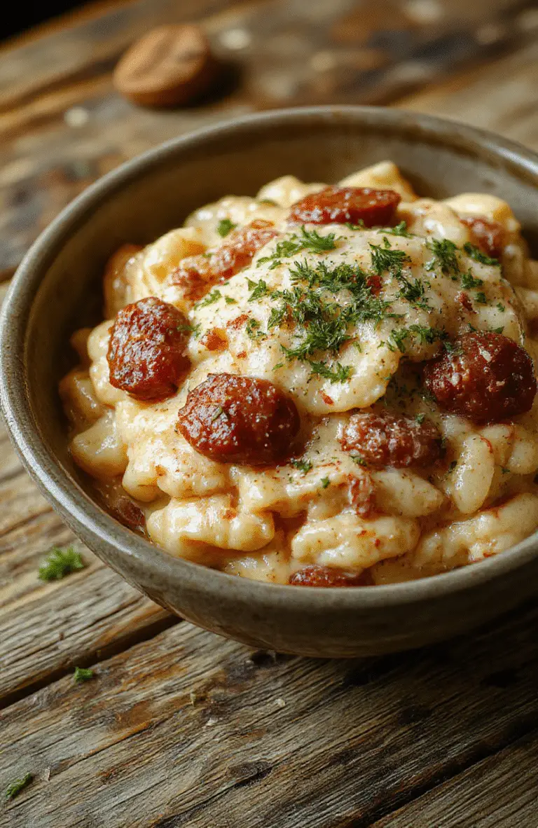 A vibrant plate of creamy Italian sausage orzo featuring cooked orzo pasta topped with sliced Italian sausage, fresh herbs, and a drizzle of creamy sauce, all presented on a rustic wooden table with a fork and a sprig of basil for garnish.
