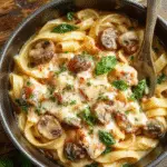 A vibrant skillet filled with creamy parmesan pasta topped with sautéed spinach and mushrooms, with a golden cheese crust, styled simply on a rustic wooden table with fresh ingredients around.