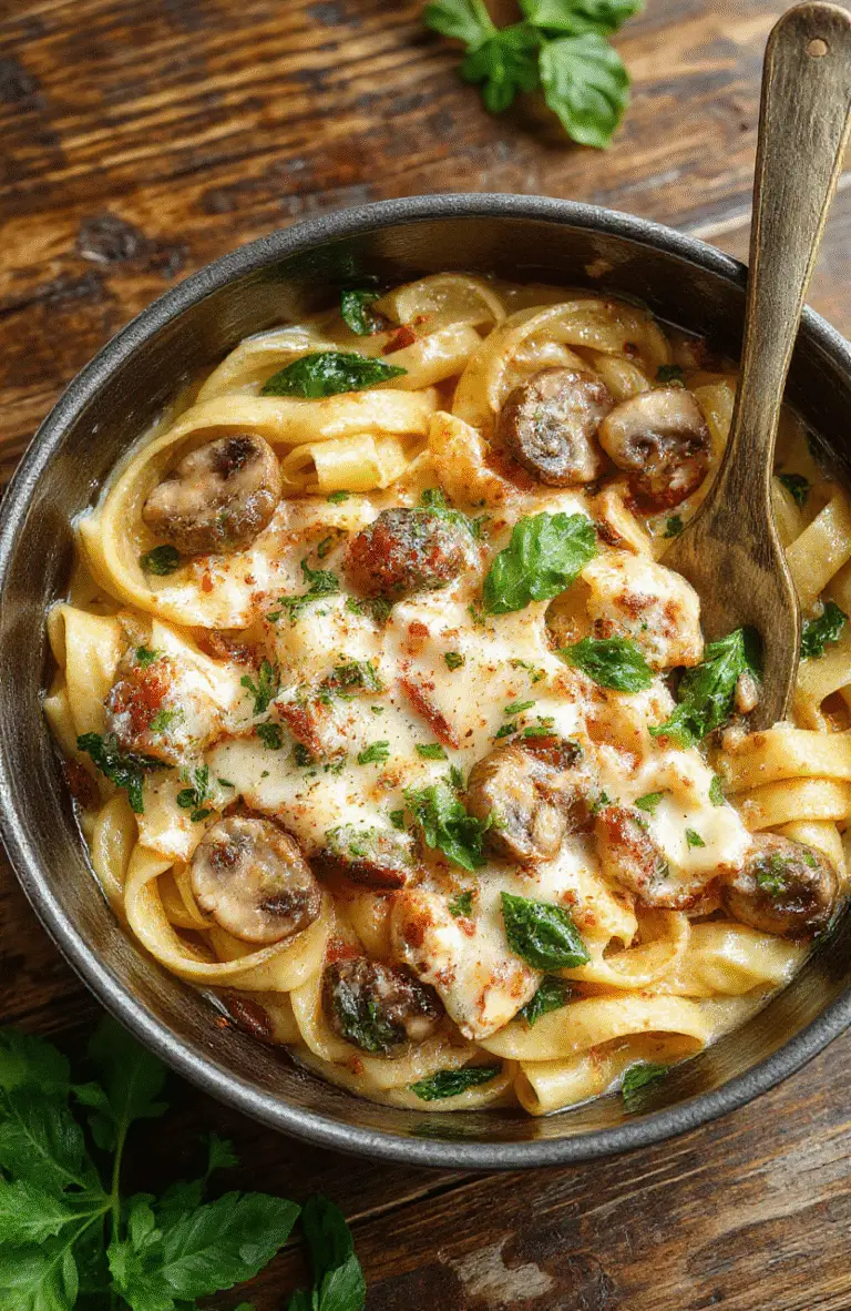 A vibrant skillet filled with creamy parmesan pasta topped with sautéed spinach and mushrooms, with a golden cheese crust, styled simply on a rustic wooden table with fresh ingredients around.