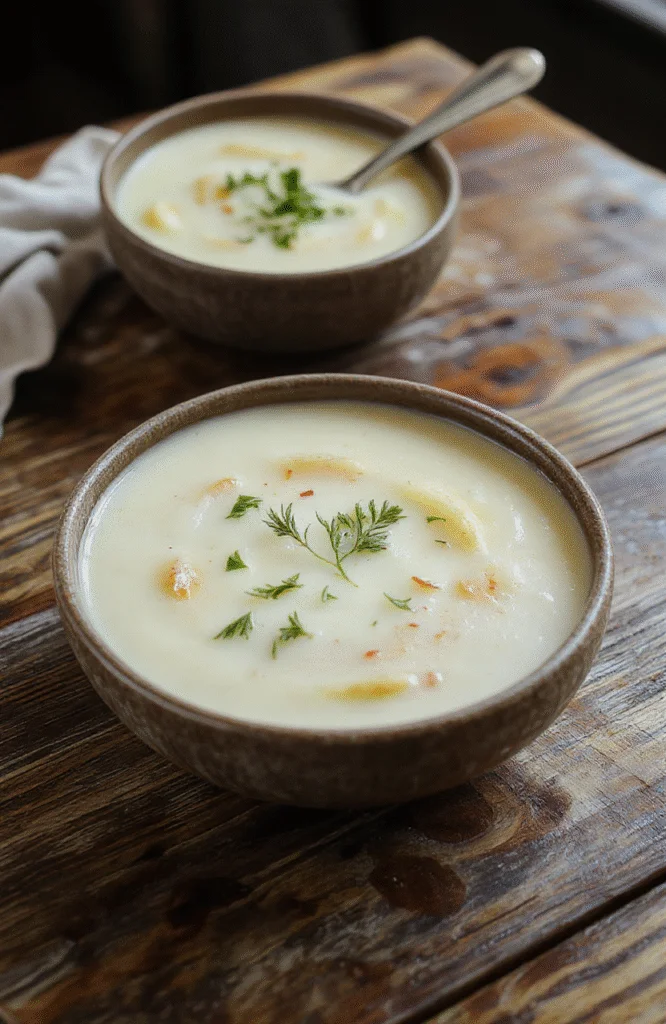 A steaming bowl of creamy potato soup garnished with fresh herbs, served on a rustic wooden table with a spoon and crusty bread nearby, highlighting the rich texture and golden color of the soup, styled casually for an inviting, homey atmosphere.