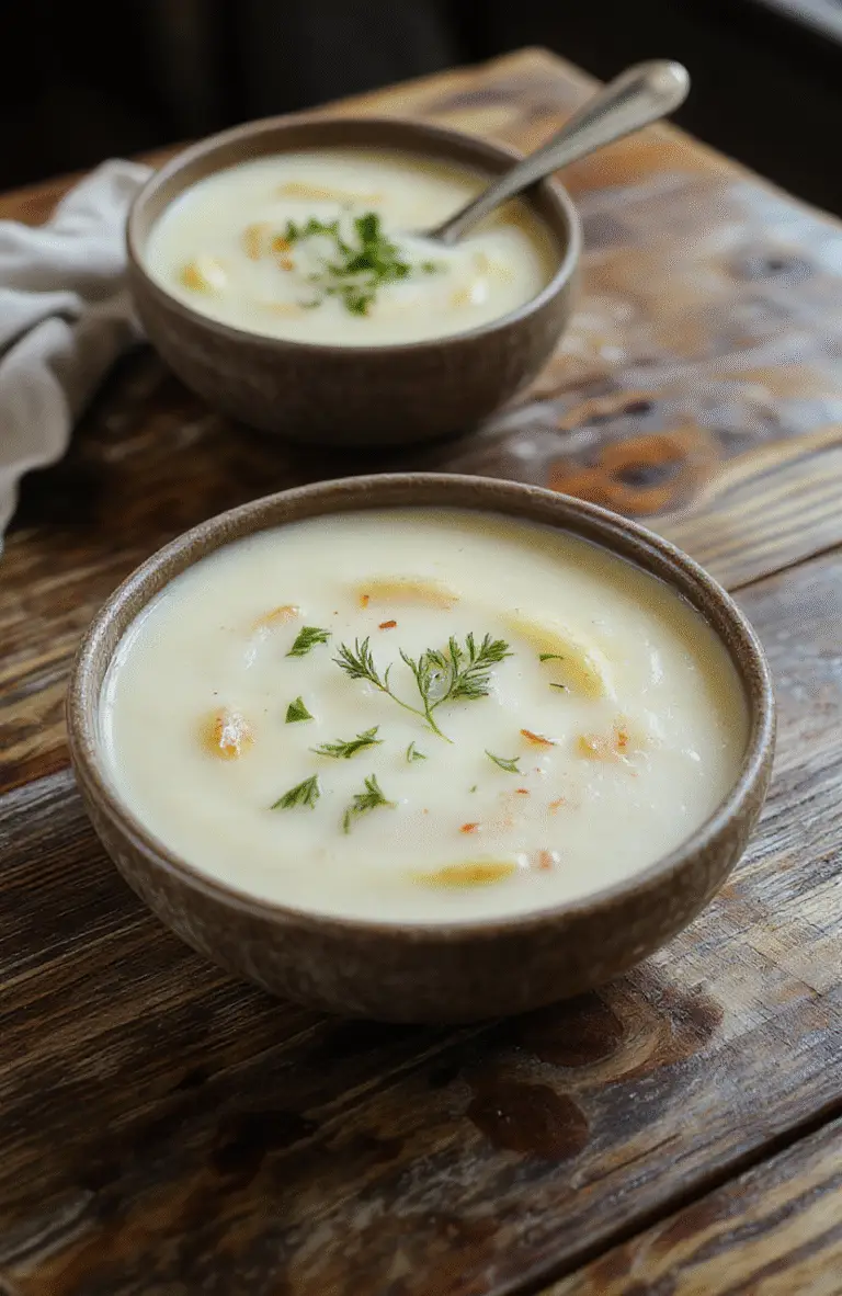 A steaming bowl of creamy potato soup garnished with fresh herbs, served on a rustic wooden table with a spoon and crusty bread nearby, highlighting the rich texture and golden color of the soup, styled casually for an inviting, homey atmosphere.