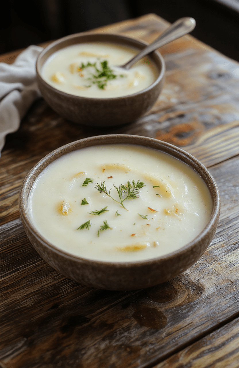 A steaming bowl of creamy potato soup garnished with fresh herbs, served on a rustic wooden table with a spoon and crusty bread nearby, highlighting the rich texture and golden color of the soup, styled casually for an inviting, homey atmosphere.