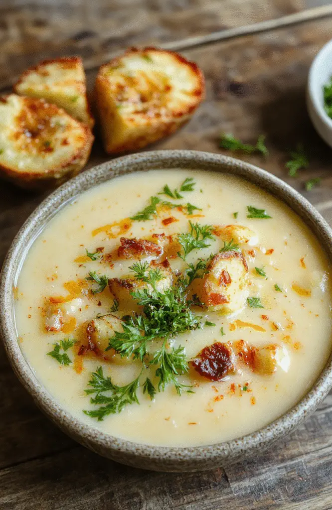 A vibrant bowl of creamy roasted garlic potato soup garnished with fresh herbs, with roasted garlic cloves and crispy potato chunks visible, styled on a rustic wooden surface with a neutral background.