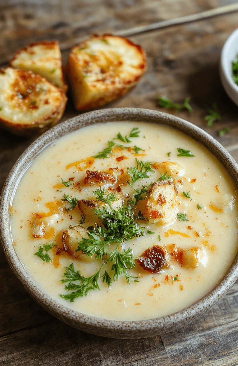 A vibrant bowl of creamy roasted garlic potato soup garnished with fresh herbs, with roasted garlic cloves and crispy potato chunks visible, styled on a rustic wooden surface with a neutral background.