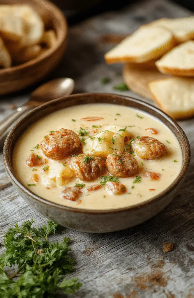 A cozy bowl of creamy sausage and tortellini soup topped with fresh herbs, surrounded by slices of bread, in a rustic bowl on a wooden table, vibrant warm tones, with steam gently rising, inviting and nourishing