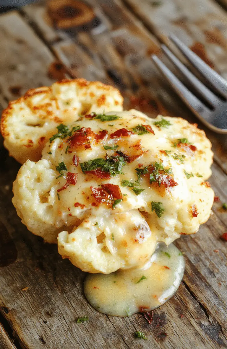 A creamy vegan butter cauliflower plated beautifully on a white ceramic dish, cauliflower florets coated in smooth, golden sauce, garnished with fresh herbs, with a rustic wooden table background, vibrant colors, and appealing textures highlighting the rich sauce and tender vegetables.