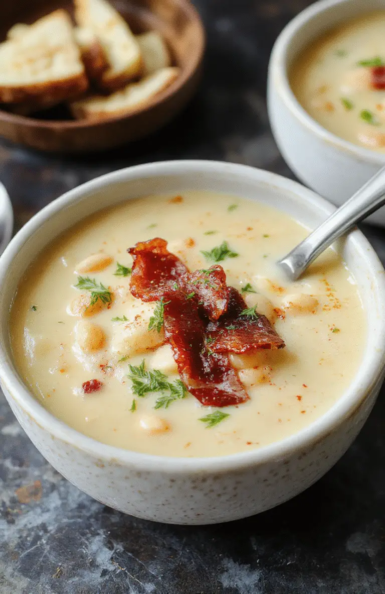 A bowl of creamy white bean soup topped with crispy bacon bits, served in a rustic white bowl on a wooden table. The soup has a smooth texture, garnished with fresh herbs and a drizzle of olive oil. Surrounding the bowl are crunchy bacon strips, a spoon, and a side of crusty bread, styled casually with a neutral background.