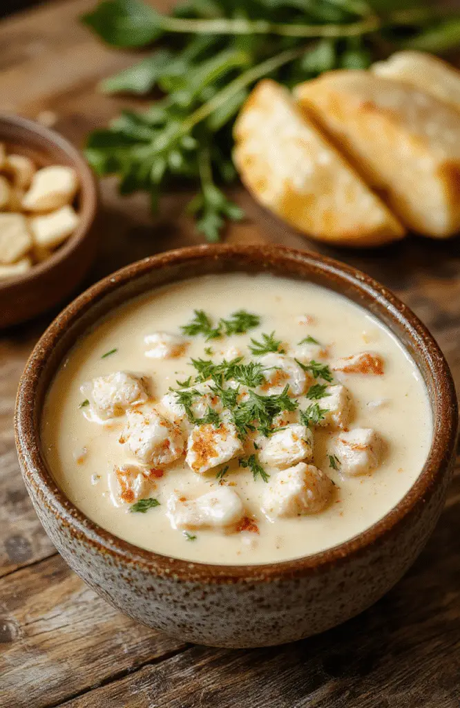 A steaming bowl of creamy white chicken chili garnished with chopped cilantro and shredded cheese sits on a rustic wooden table, with a spoon scooping a hearty spoonful, showcasing tender chicken, beans, and a rich, creamy broth.