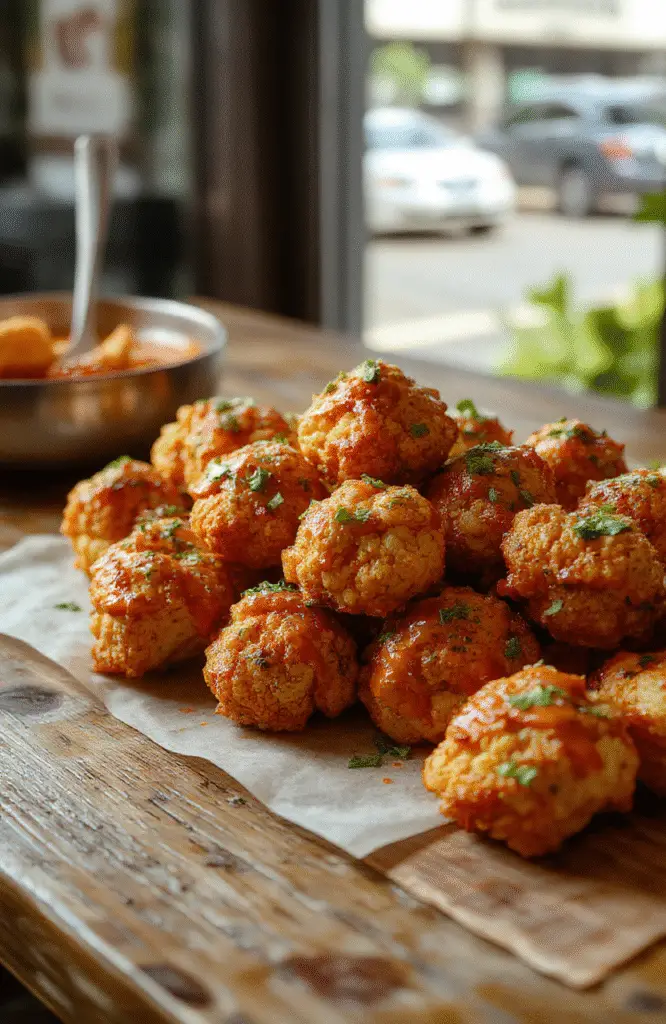A vibrant plate of crispy buffalo cauliflower bites arranged neatly on a rustic wooden table, garnished with chopped green herbs and a side of creamy blue cheese dip. The cauliflower pieces are golden brown and textured with a spicy buffalo sauce coating, styled to look inviting and delicious, perfect for sharing.