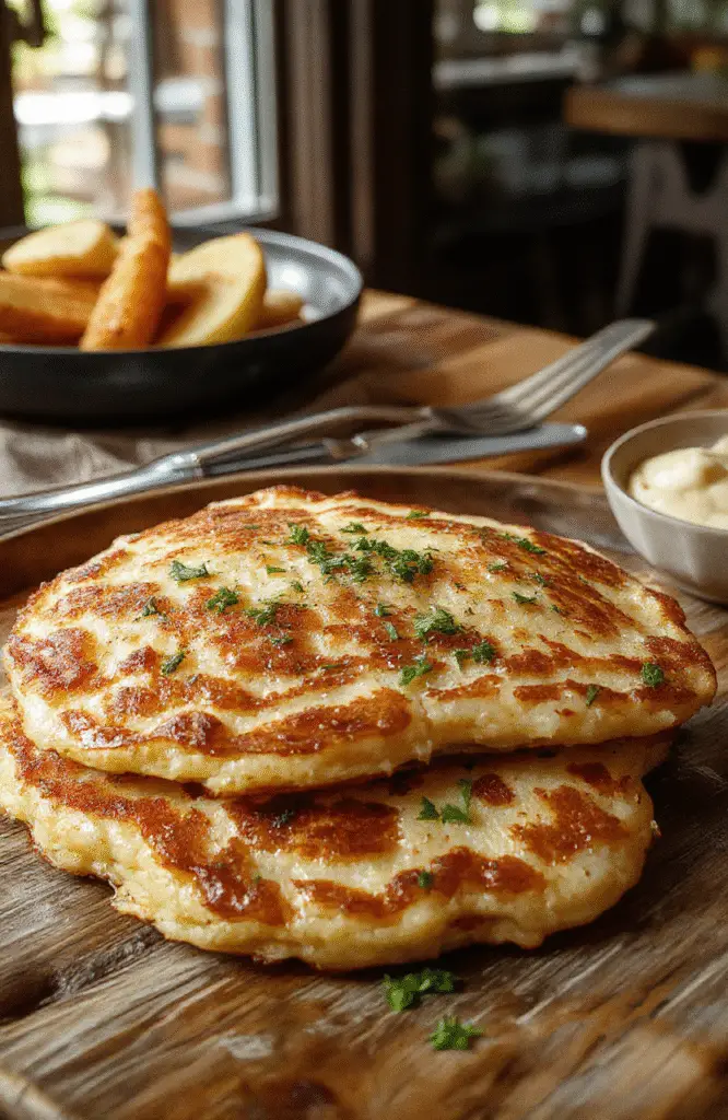A golden-brown crispy German potato pancake stacked on a white plate, garnished with fresh parsley, surrounded by shredded potatoes and a dollop of sour cream, styled on a rustic wooden table with natural light highlighting textures.