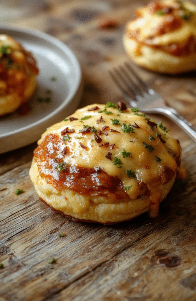 A golden-brown puff pastry topped with a perfectly cooked sunny-side-up egg, melted cheese, and ham, garnished with fresh herbs, styled on a rustic wooden board with a vibrant background showcasing the crispy textures and cheesy gooeyness.